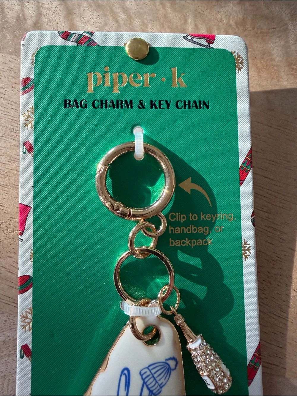 Piper.k Ceramic Bag Charm Keychain - White & Blue with Gold Hardware